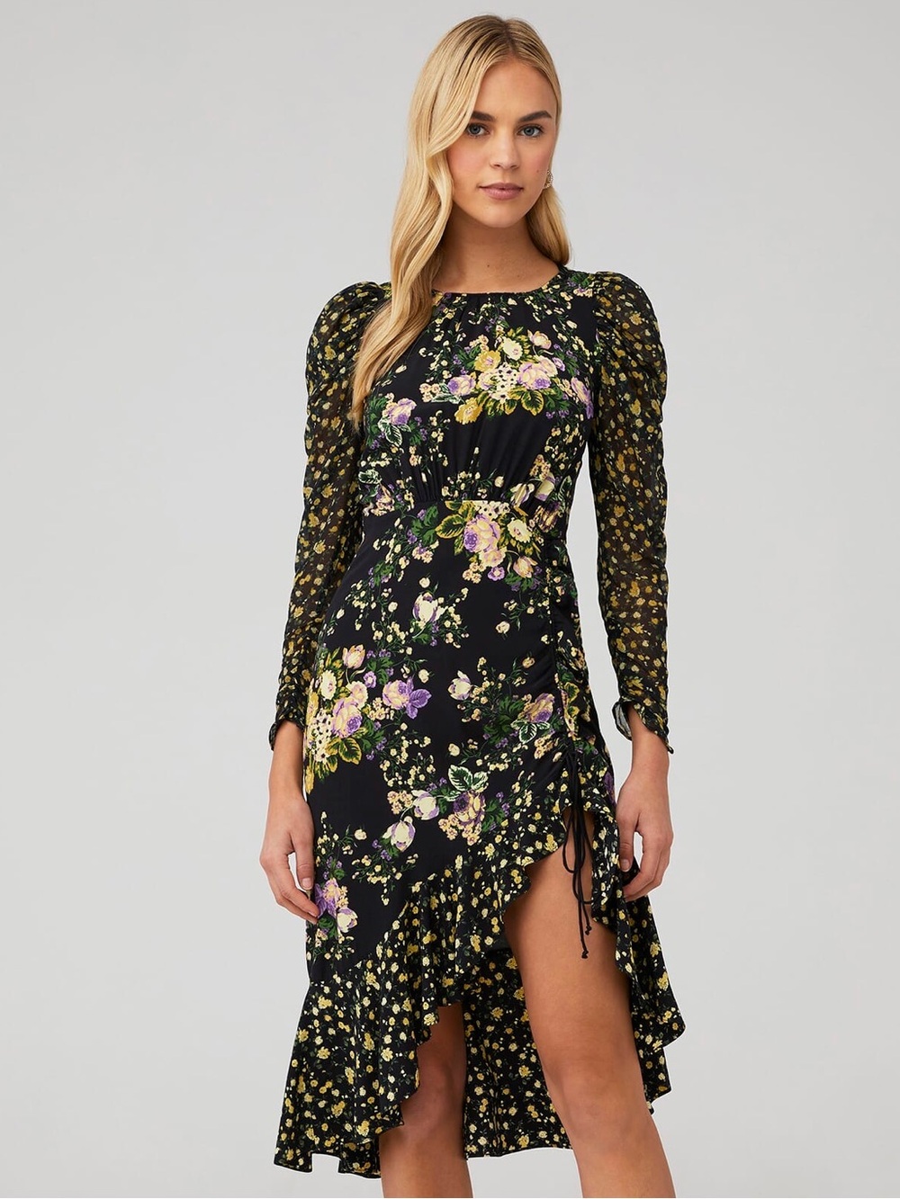 FOR LOVE AND LEMONS Ross Black Floral Asymmetrical Midi Dress